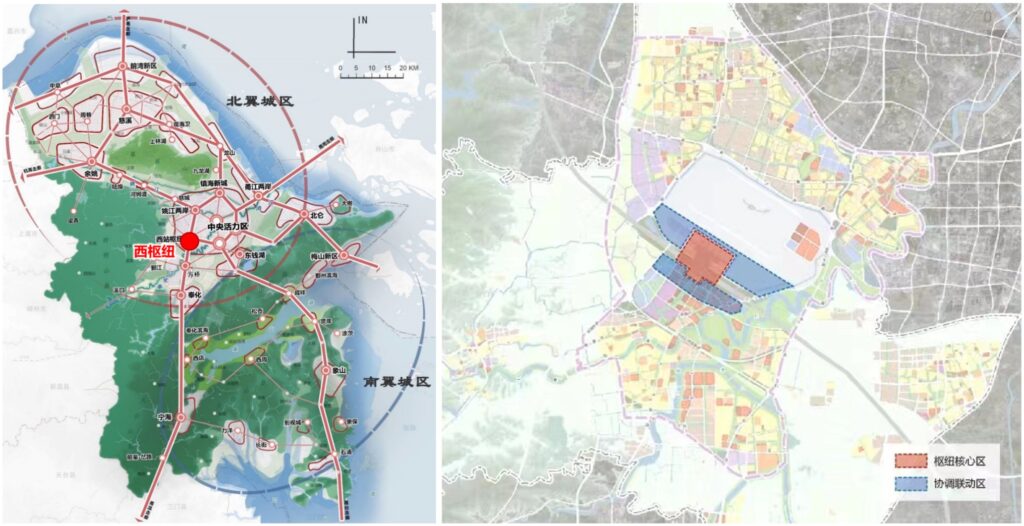 Links: Schematische Darstellung der Lage des West Hub in der städtischen Raumstruktur von Ningbo; Rechts：Skizze des Gestaltungsspi