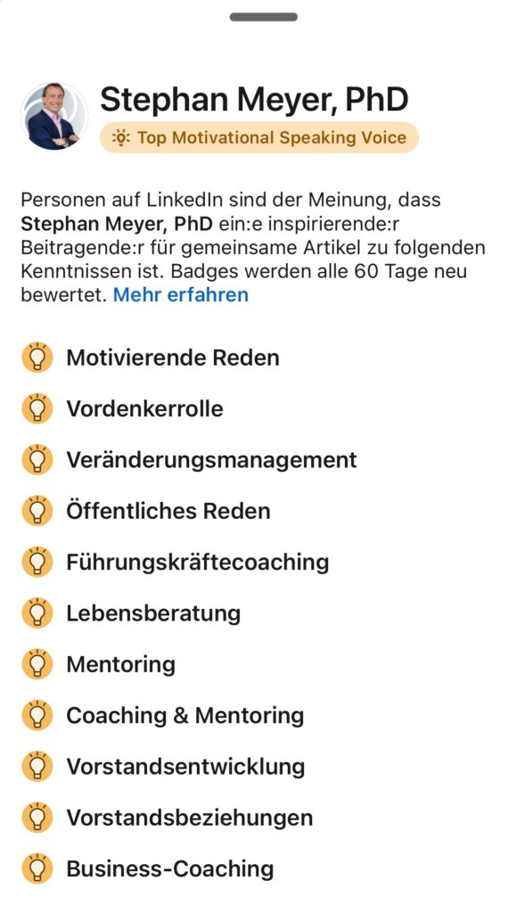 Dr. Stephan Meyer wurde zum führenden Experten auf LinkedIn gewählt. (Die Bildrechte liegen bei dem Verfasser der Mitteilung.)