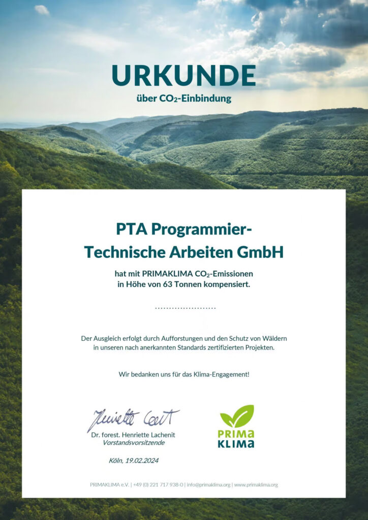 Die PRIMAKLIMA-Urkunde für die PTA IT-Beratung (Bildquelle: PTA GmbH)