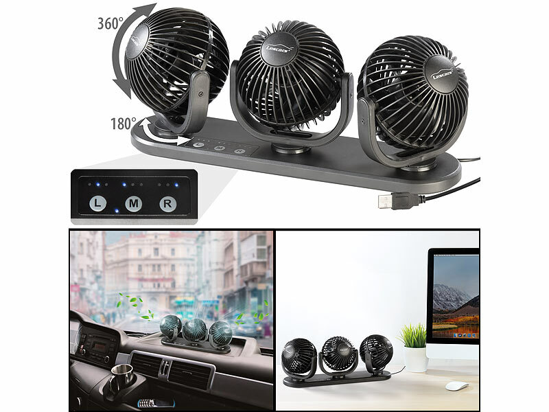 Lescars Kfz-Dreifach-Ventilator VT-80.car mit USB-Anschluss