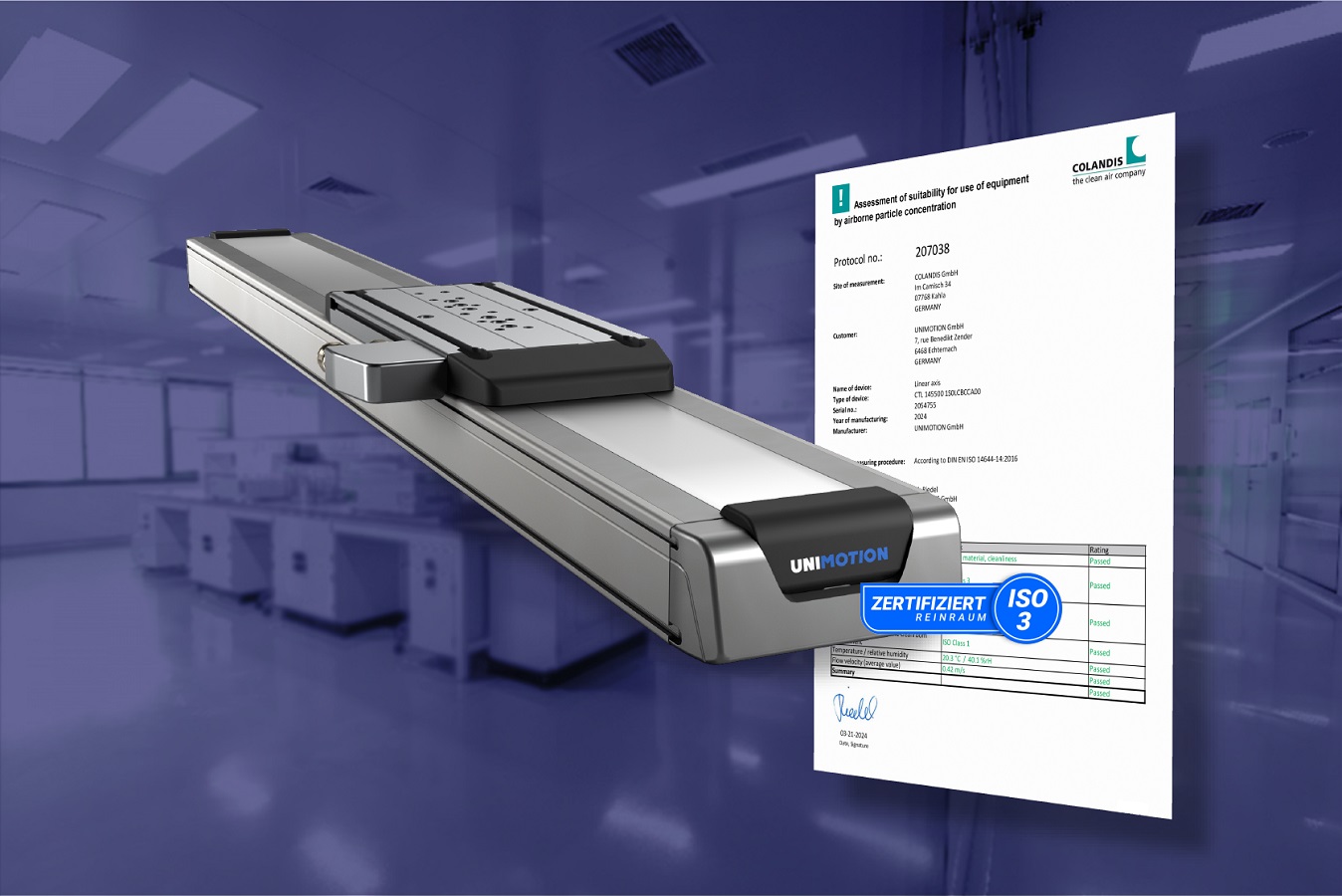 UNIMOTION erhält die ISO 3 Reinraum-Zertifizierung für CTL-Lineareinheiten (Die Bildrechte liegen bei dem Verfasser der Mitteilung.)