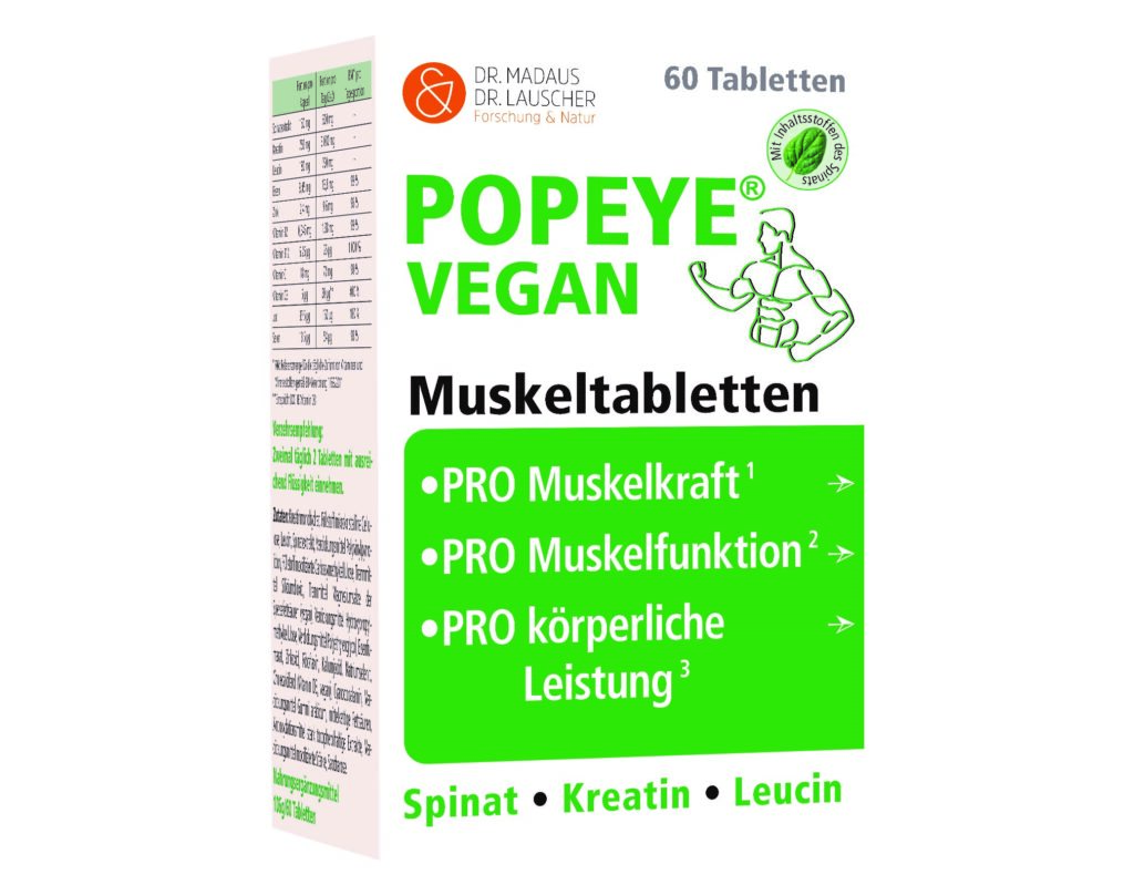 Popeye vegan: Muskeltabletten für vegane Freizeitsportler (Bildquelle: Madaus & Lauscher GmbH)