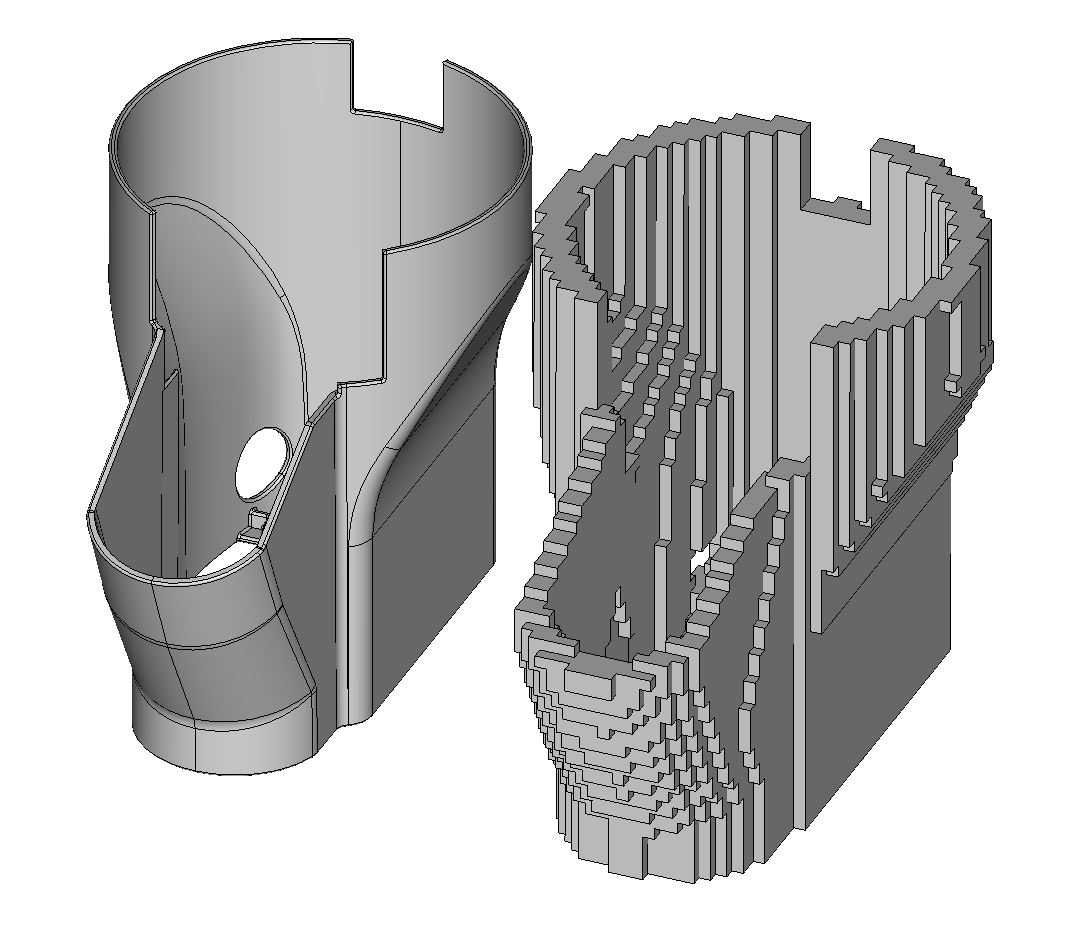 Exaktes CAD-Modell (links) sowie die voxilisierte Annäherung (rechts) für effizientes Nesting (Bildquelle: CoreTechnologie GmbH)