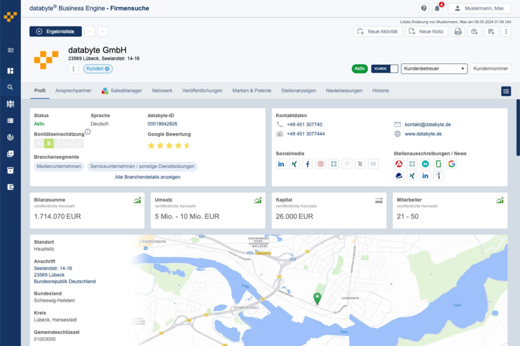 Die Business Engine 2.0 gewährt Einblicke in Unternehmensinformationen und gibt Überblick über Leads (Bildquelle: databyte GmbH)