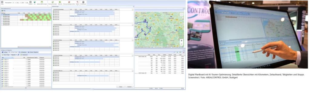 Digital PlanBoard mit KI-Touren-Optimierung. Detaillierte Übersichten mit Kilometern